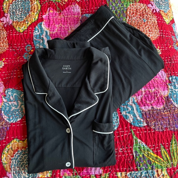 Cozy Earth Women's Bamboo Stretch-Knit Long Sleeve Pajama Set Black Large Tall - Picture 3 of 4